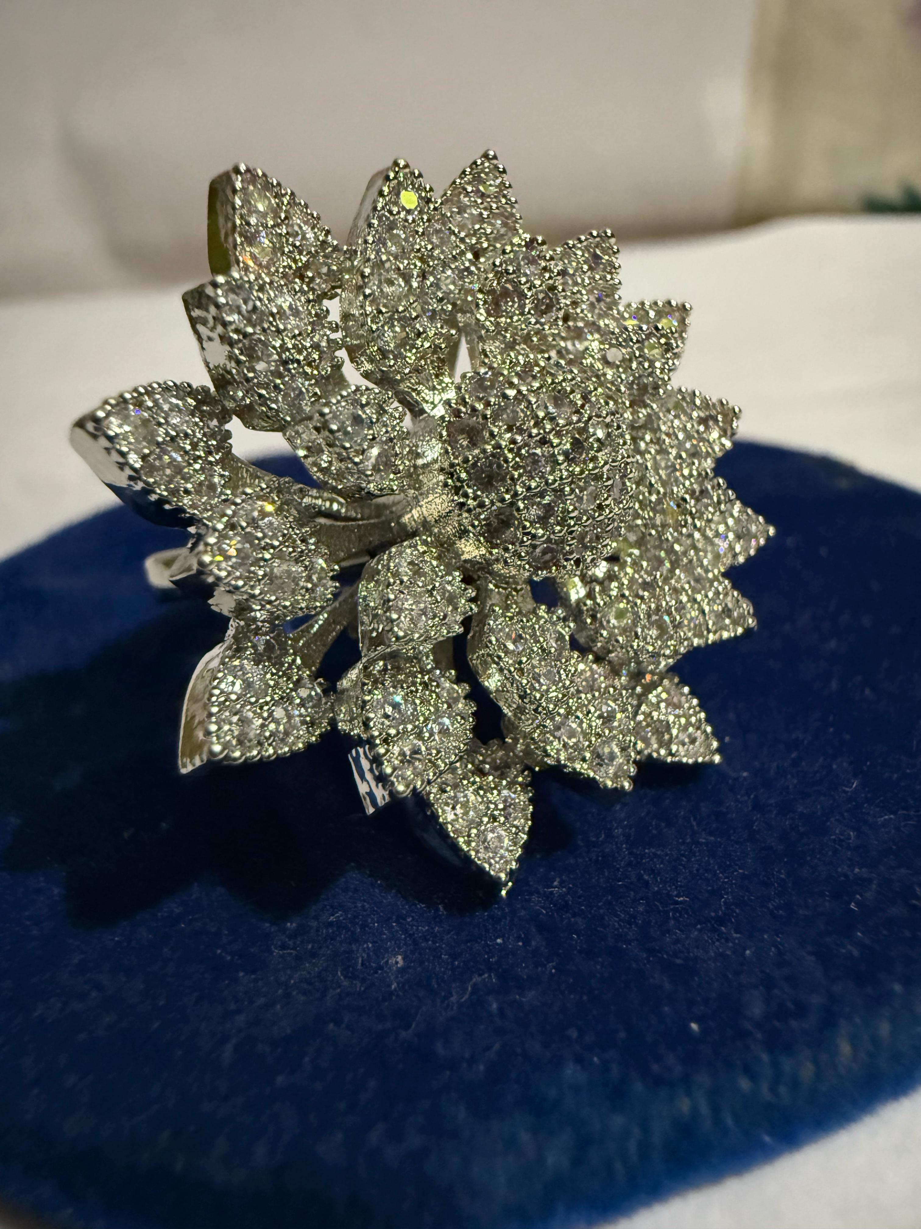 Sparkling Silver-Toned Floral Ring with Crystal Details