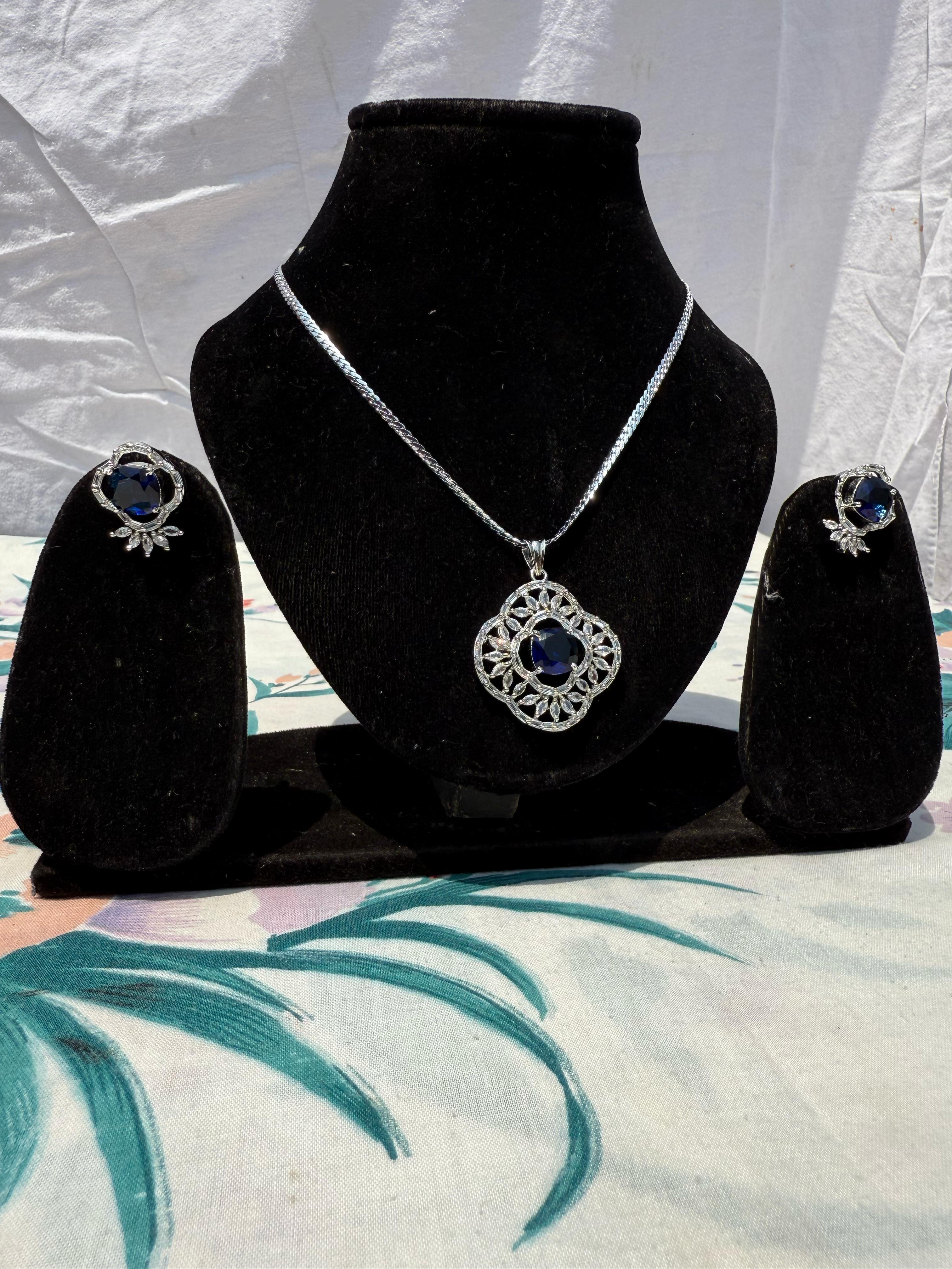 Blue Gemstone Jewelry Set - Silver Toned Necklace and Ring Combo