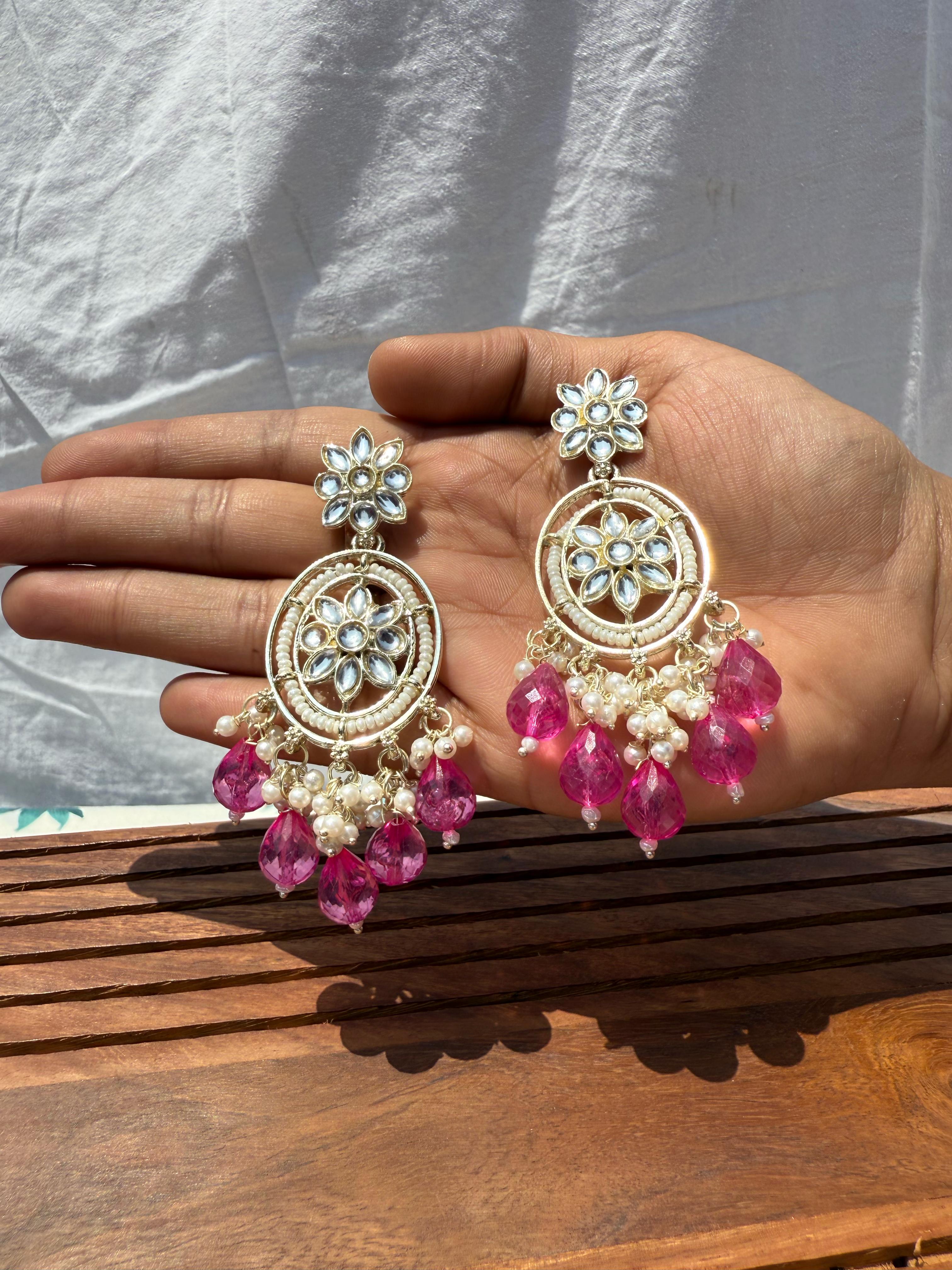 Elegant Pink Gemstone Earrings - Pearl Accented Floral Design