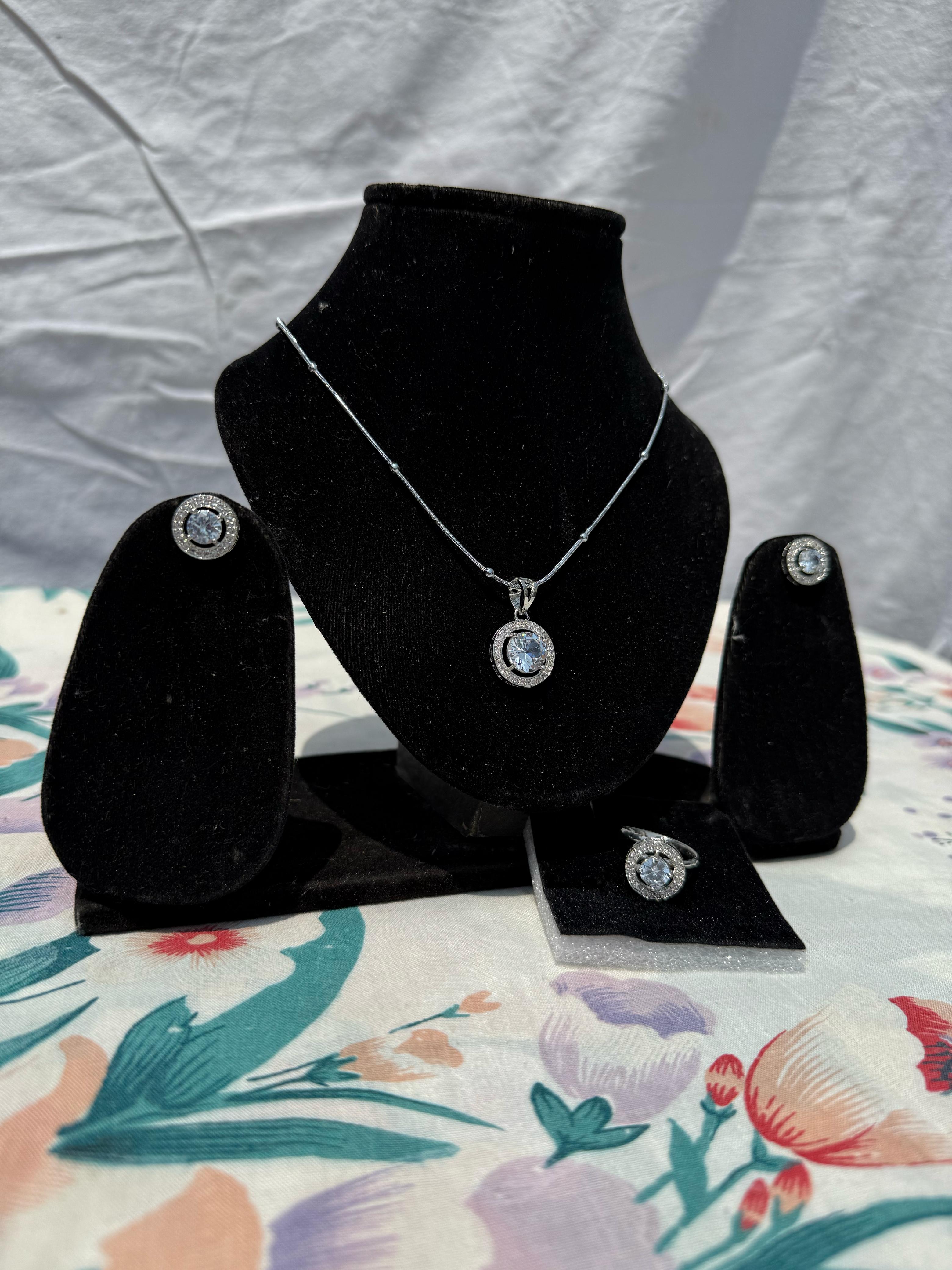 Elegant Silver Jewelry Set - Necklace, Earrings, and Ring Combo