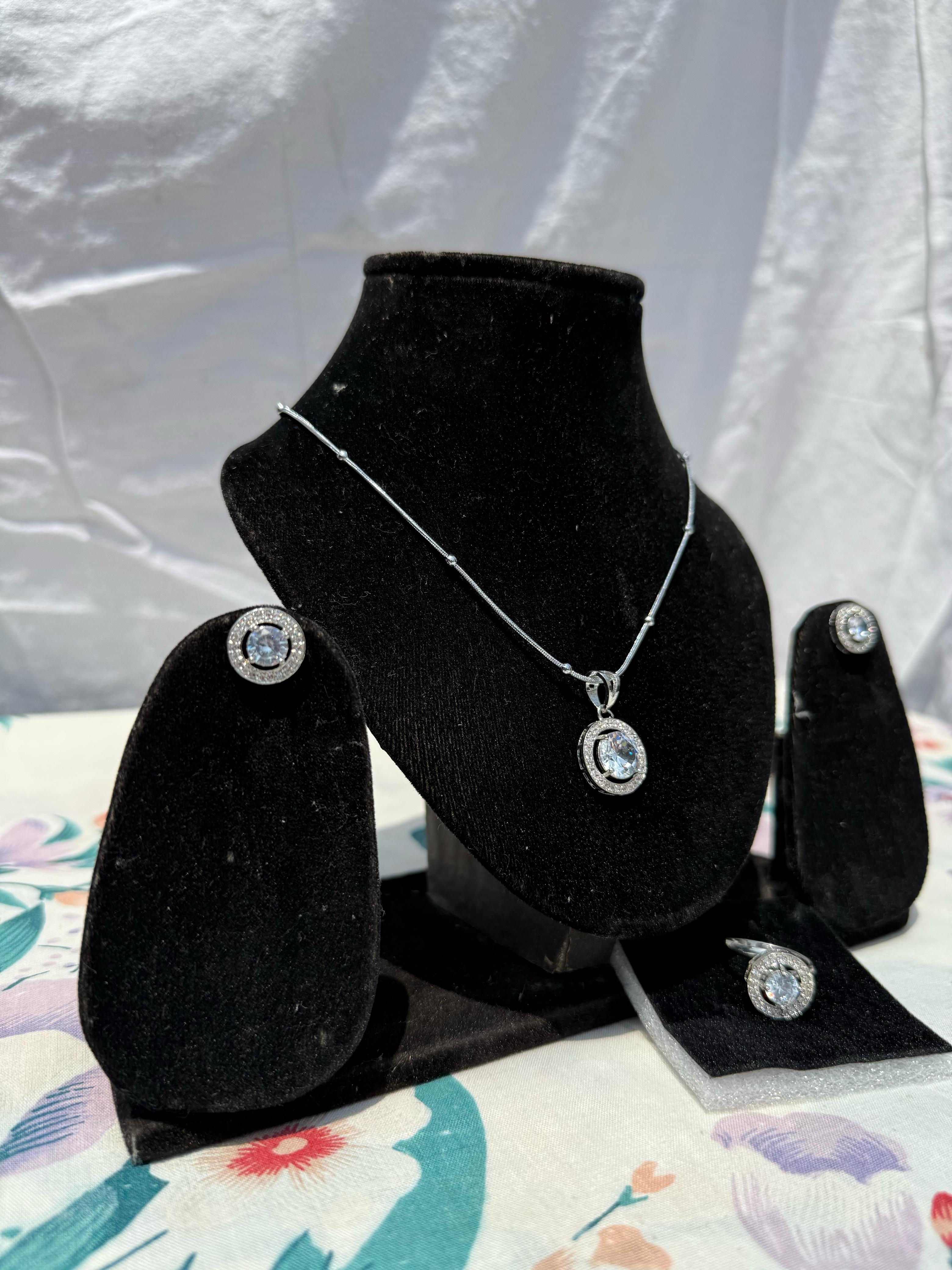 Elegant Silver Jewelry Set - Necklace, Earrings, and Ring Combo