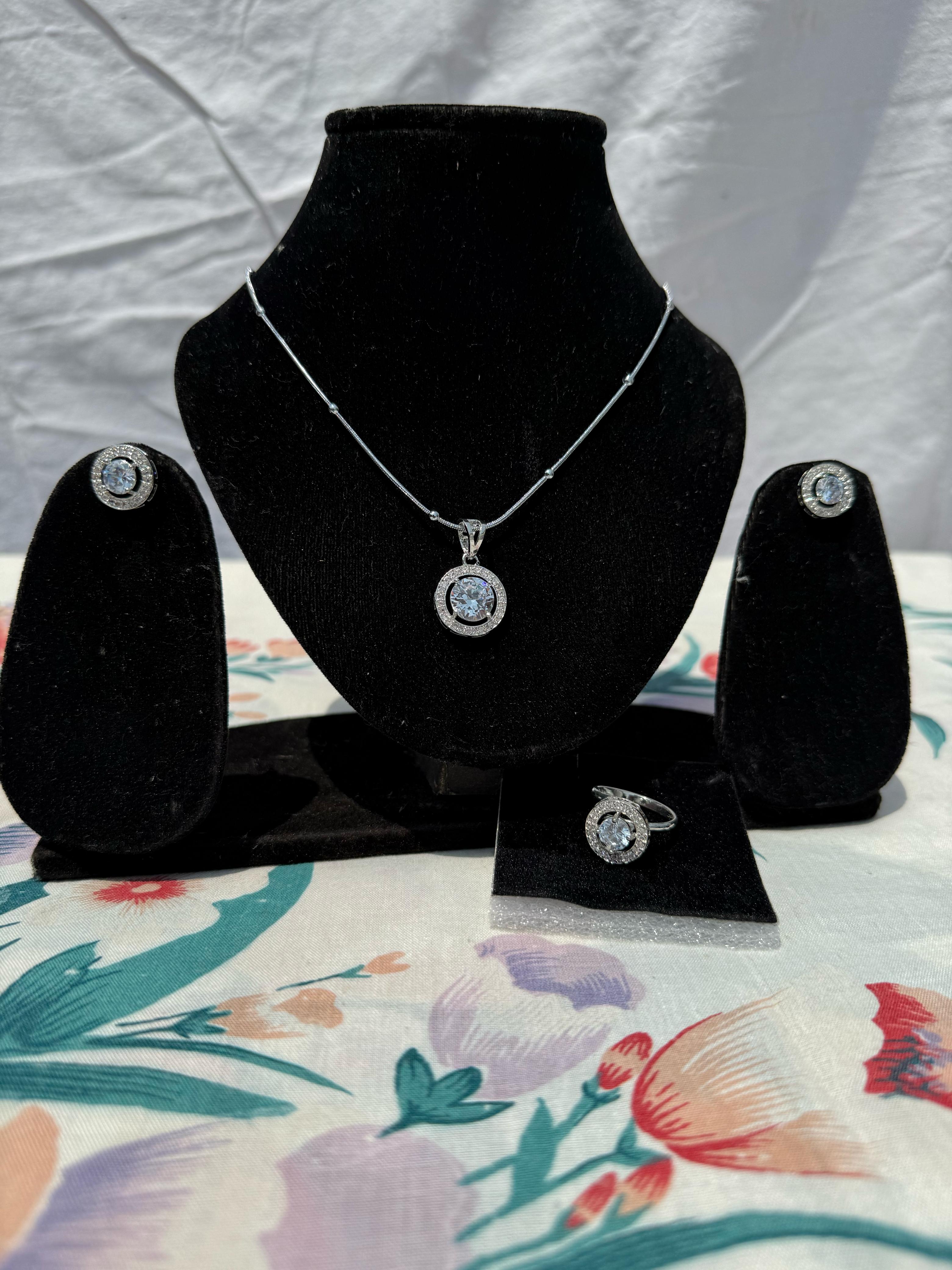 Elegant Silver Jewelry Set - Necklace, Earrings, and Ring Combo