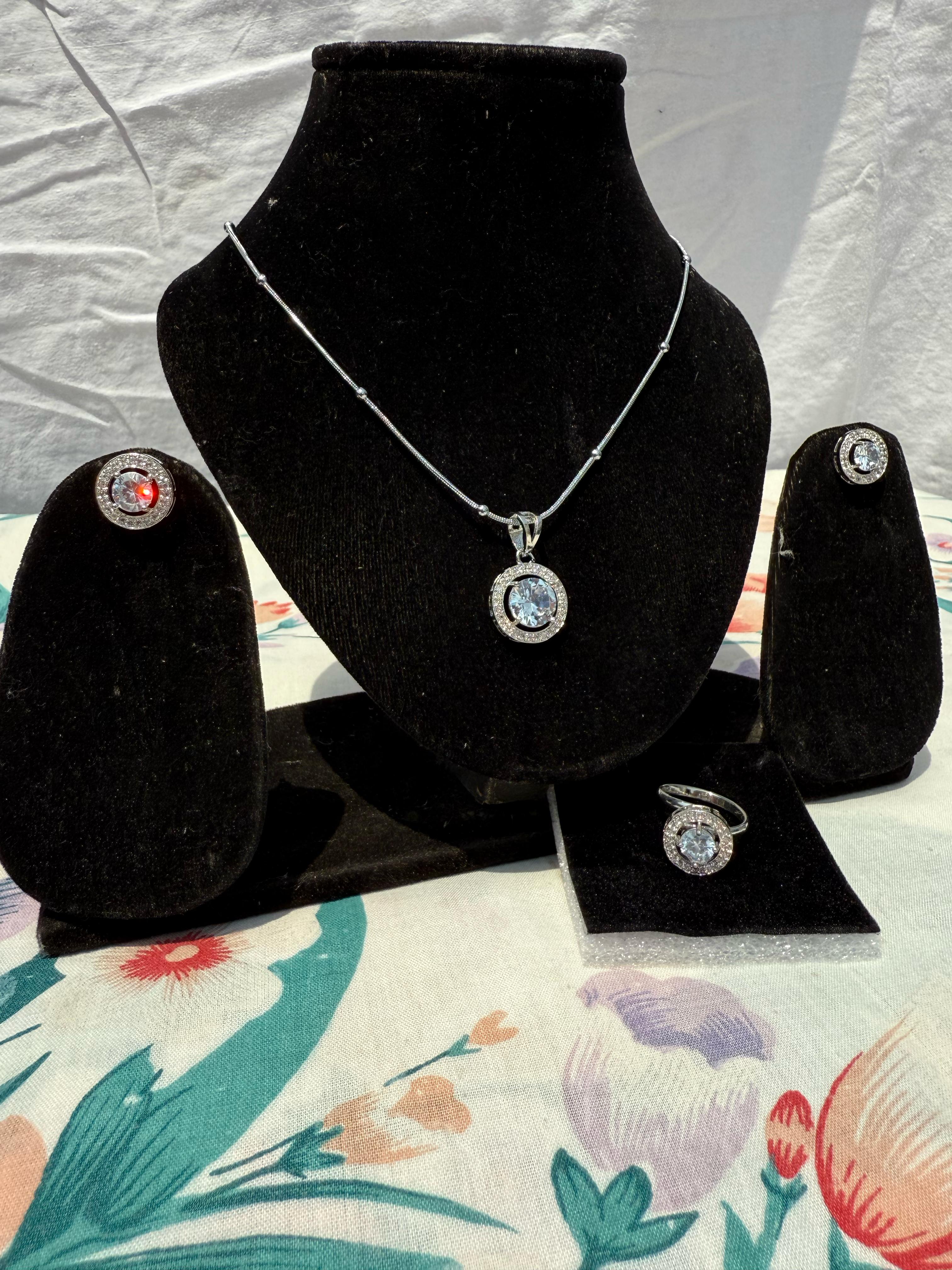 Elegant Silver Jewelry Set - Necklace, Earrings, and Ring Combo