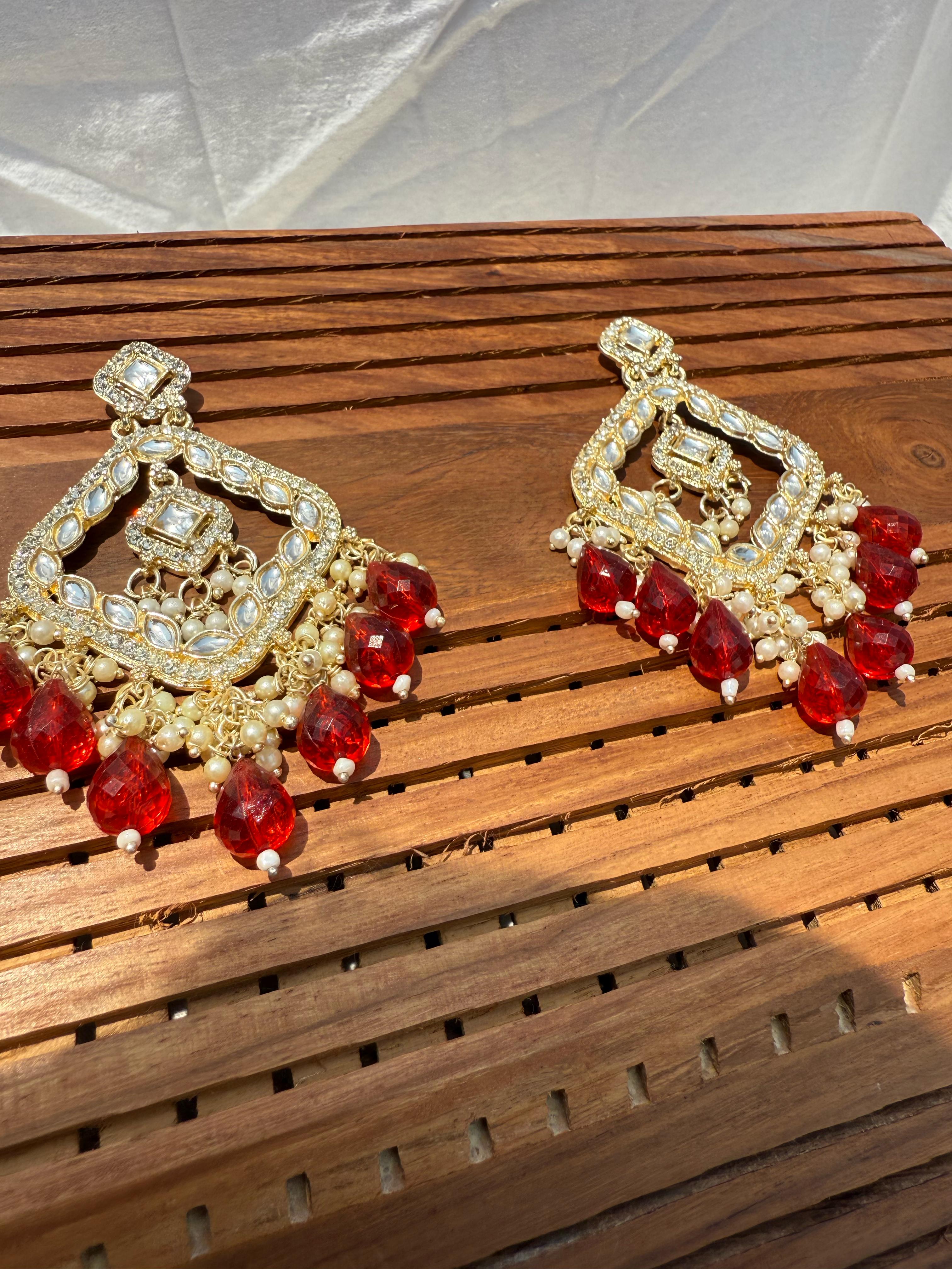 Elegant Kundan Earrings with Red Beads - Traditional Indian Jewelry
