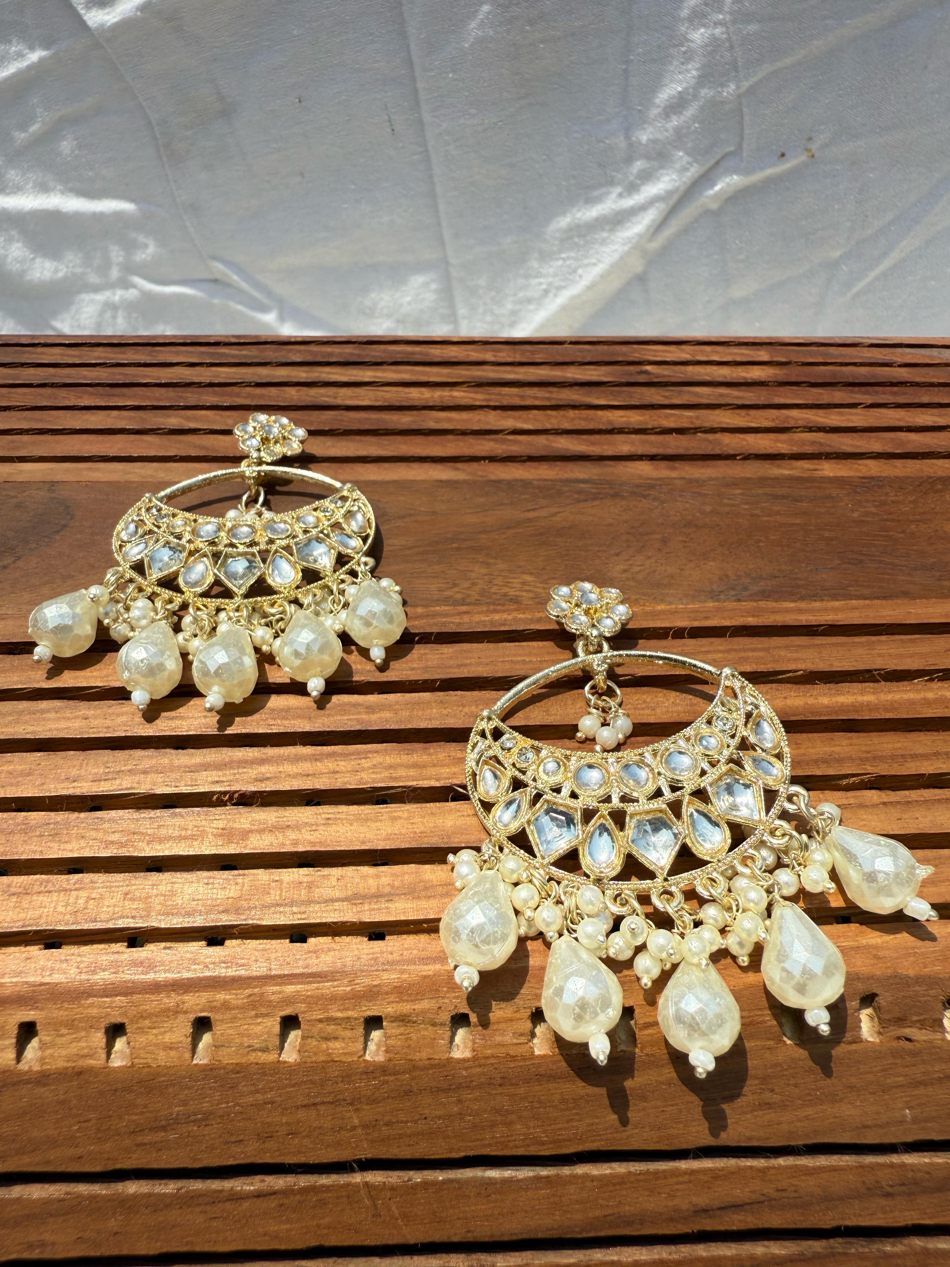 Elegant Kundan Earrings with cream beads - Traditional Indian Jewelry