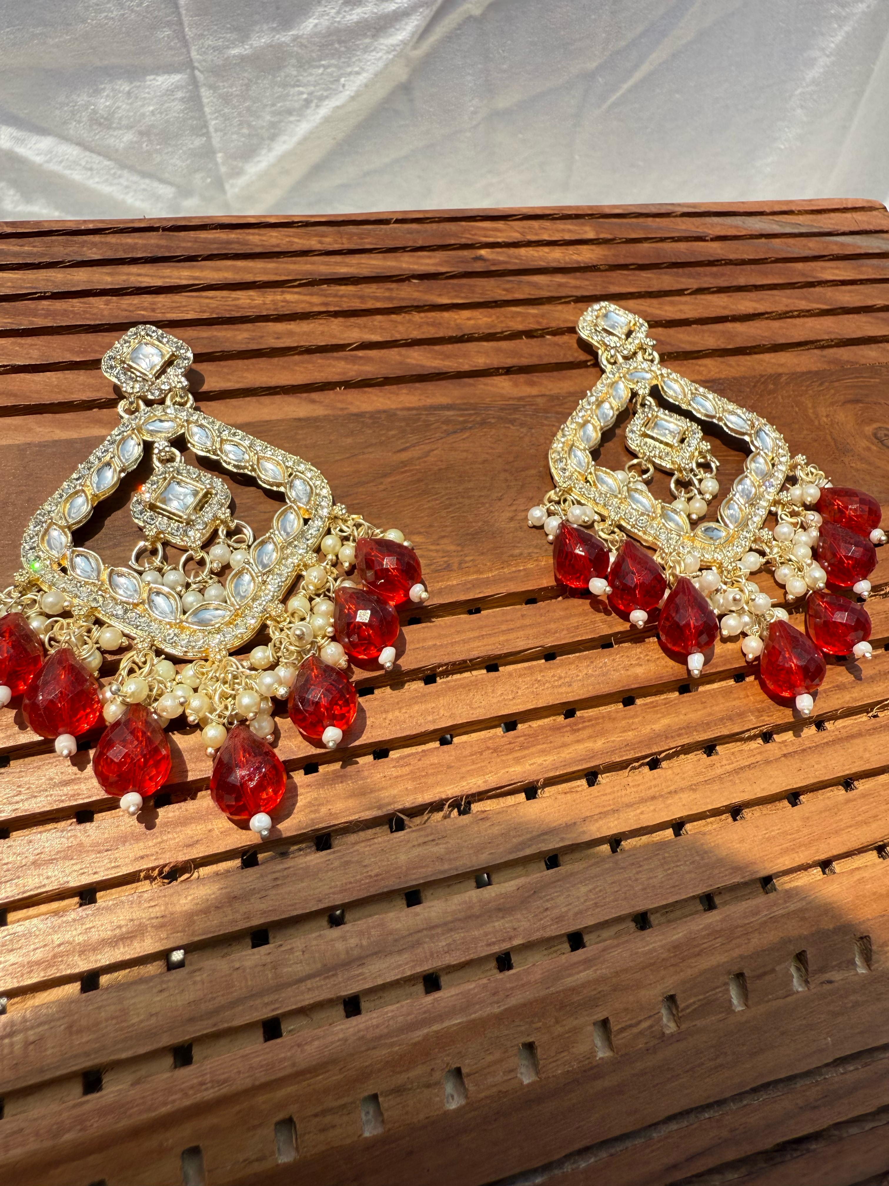 Elegant Kundan Earrings with Red Beads - Traditional Indian Jewelry