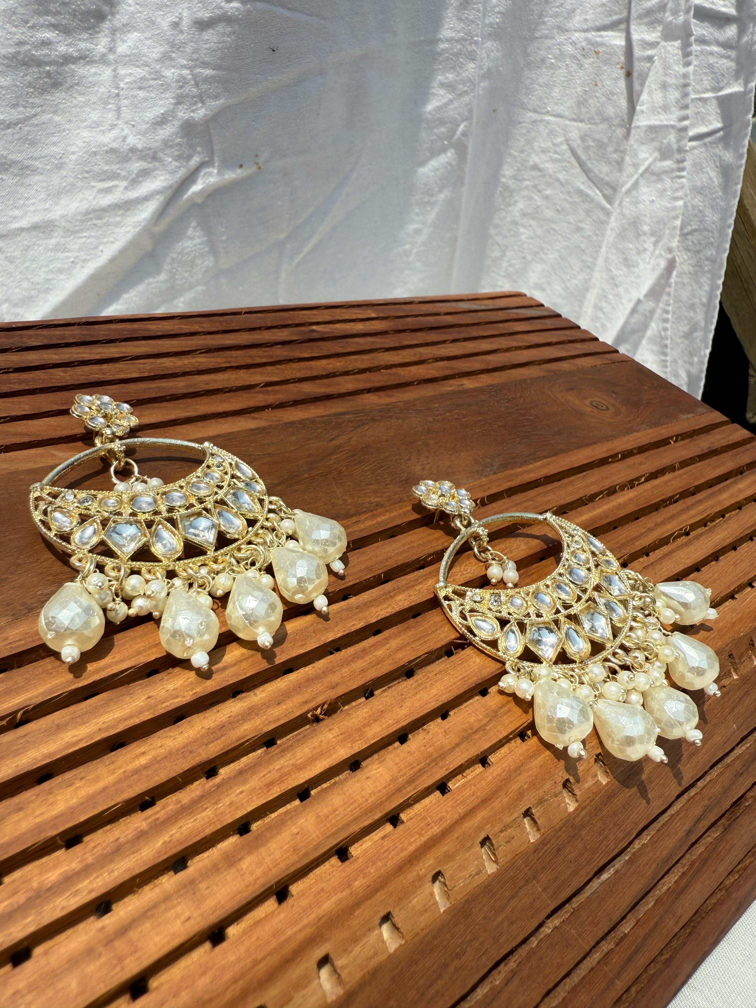 Elegant Kundan Earrings with cream beads - Traditional Indian Jewelry