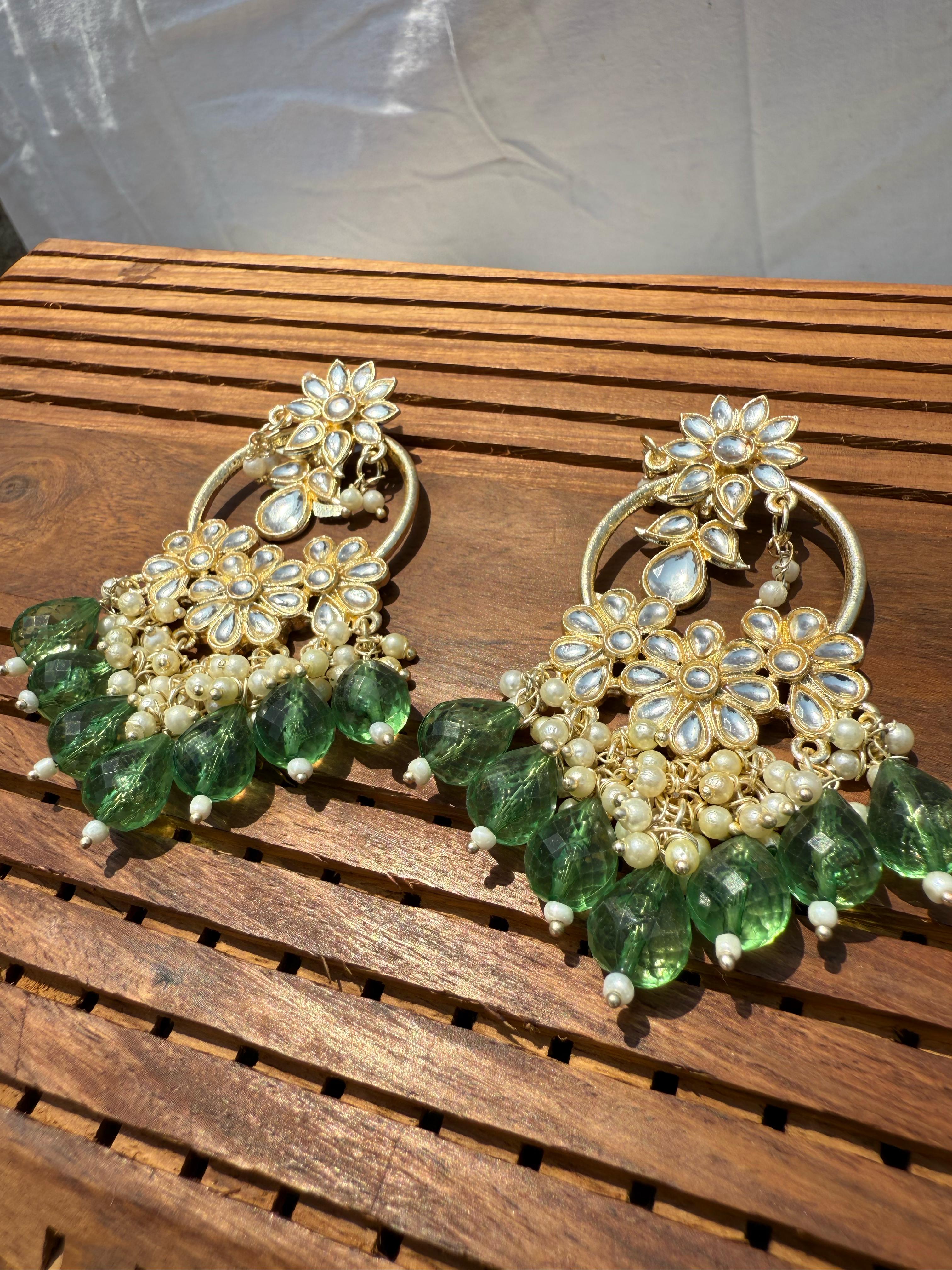 Elegant Kundan Earrings with Green Beads - Traditional Indian Jewelry