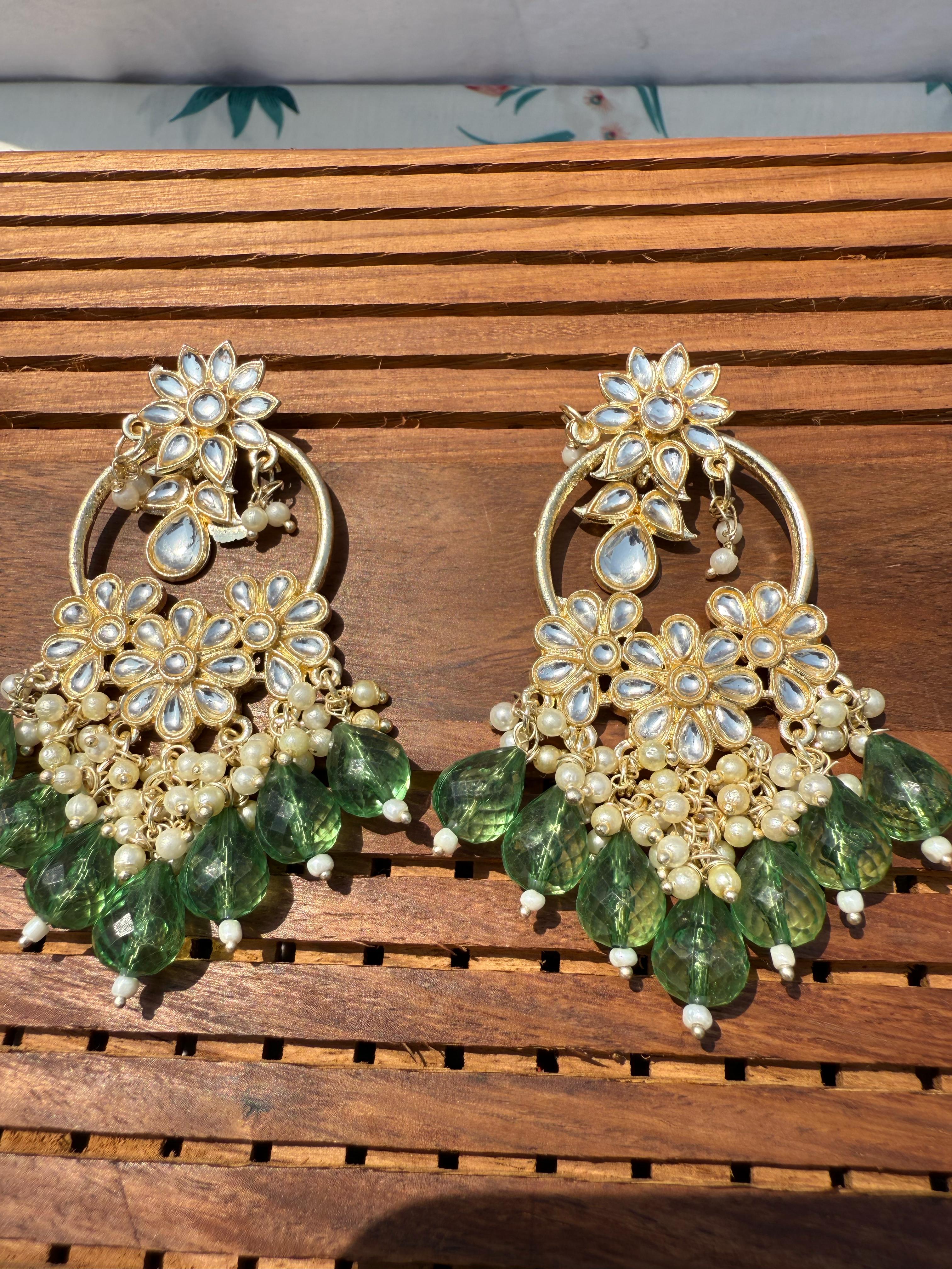 Elegant Kundan Earrings with Green Beads - Traditional Indian Jewelry