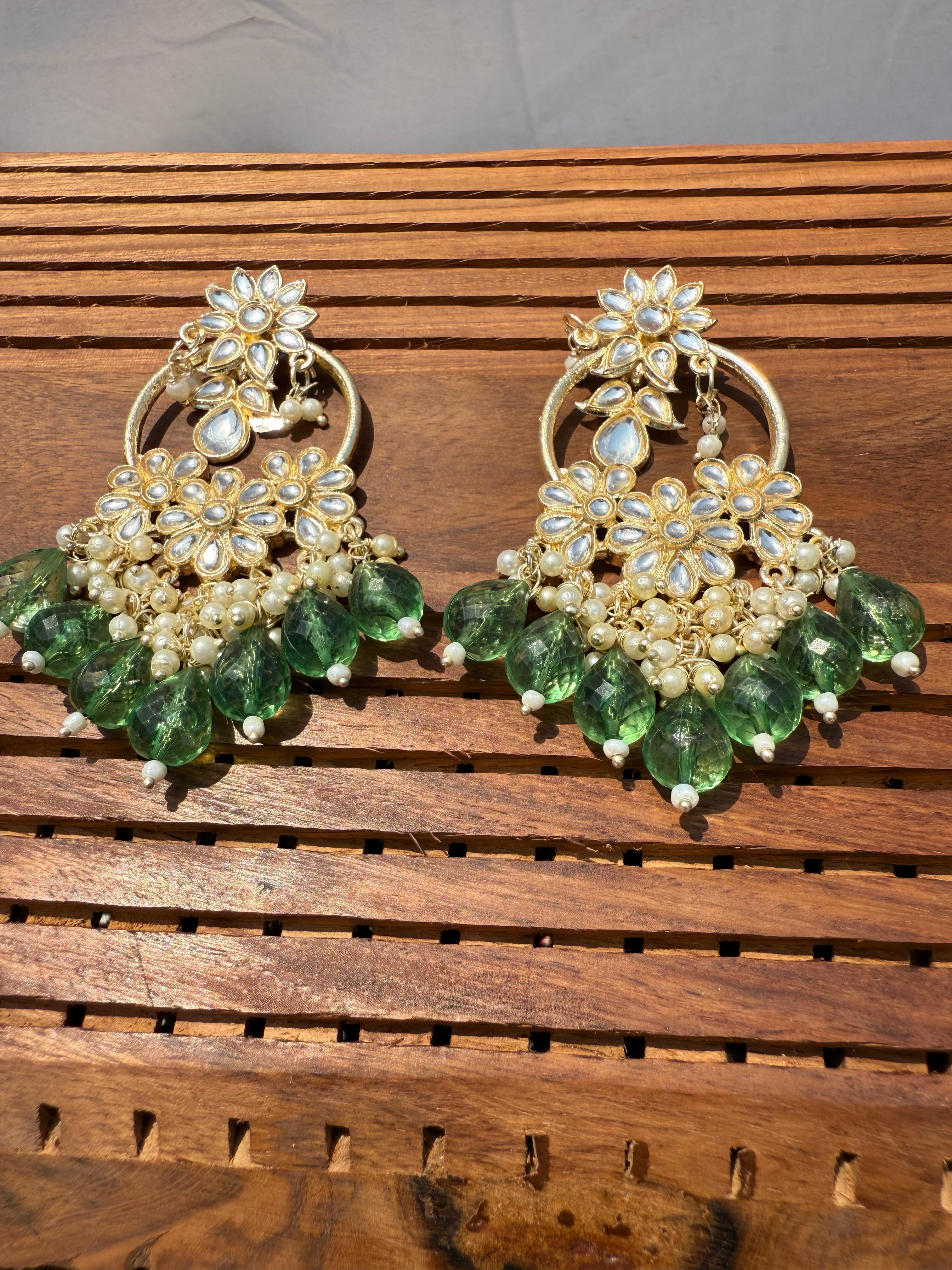 Elegant Kundan Earrings with Green Beads - Traditional Indian Jewelry