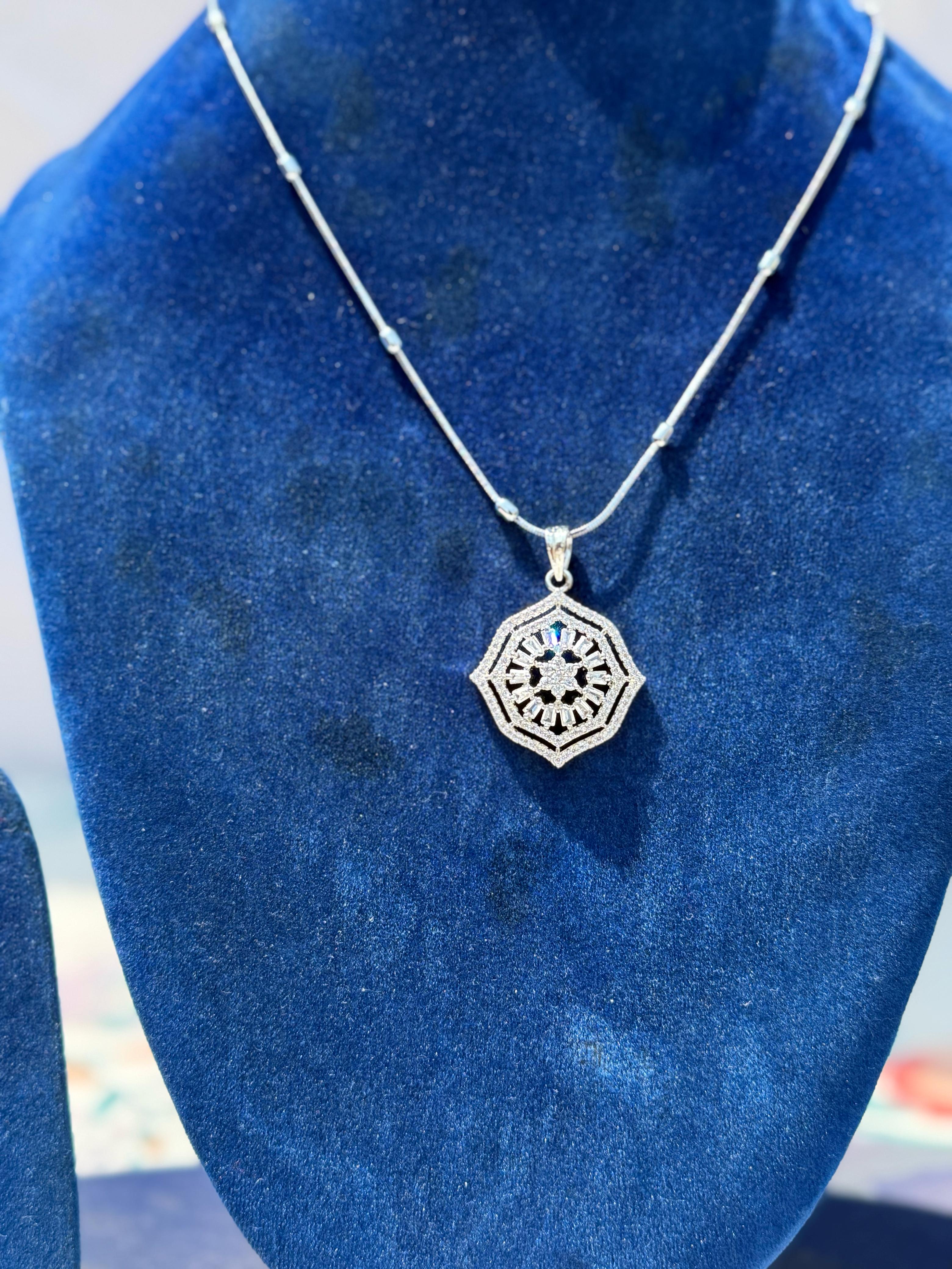 Elegant Silver Pendant Necklace and Ring Set - Diamond Accented Floral DesigN